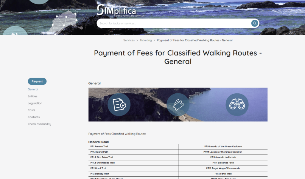 The Simplifica Website used to pay the entry fees for different hiking trails on Madeira.