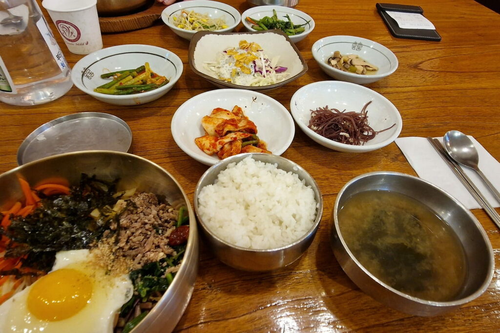bibimbap served with rice and seven side dishes