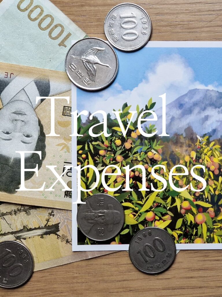 post card with money next to it and the title Jeju travel expenses