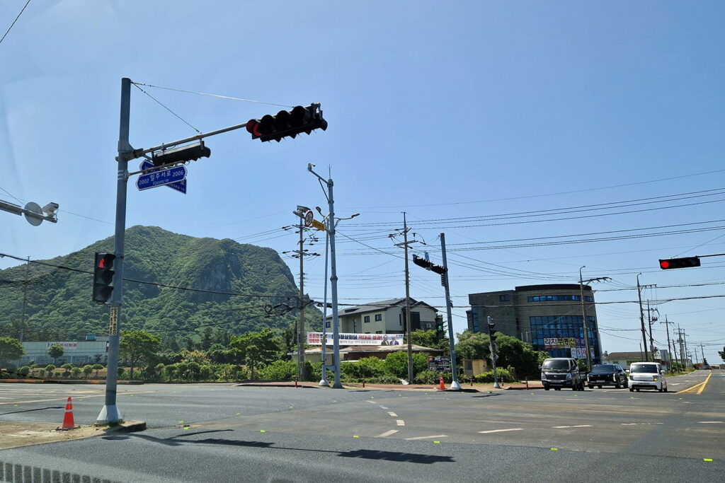 crossroad with red light on Jeju island