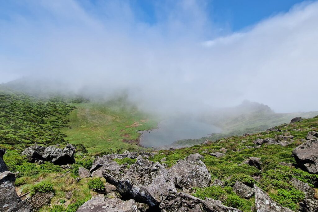 view from above on crater lake of Mt. Hallasan