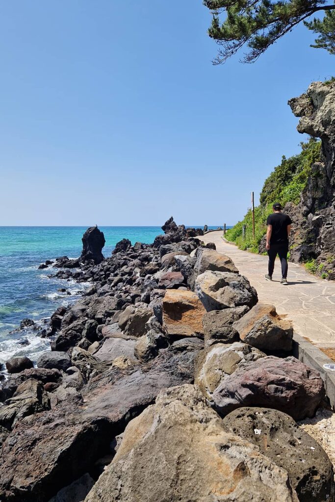 Man walking on a walkway near the ocean.