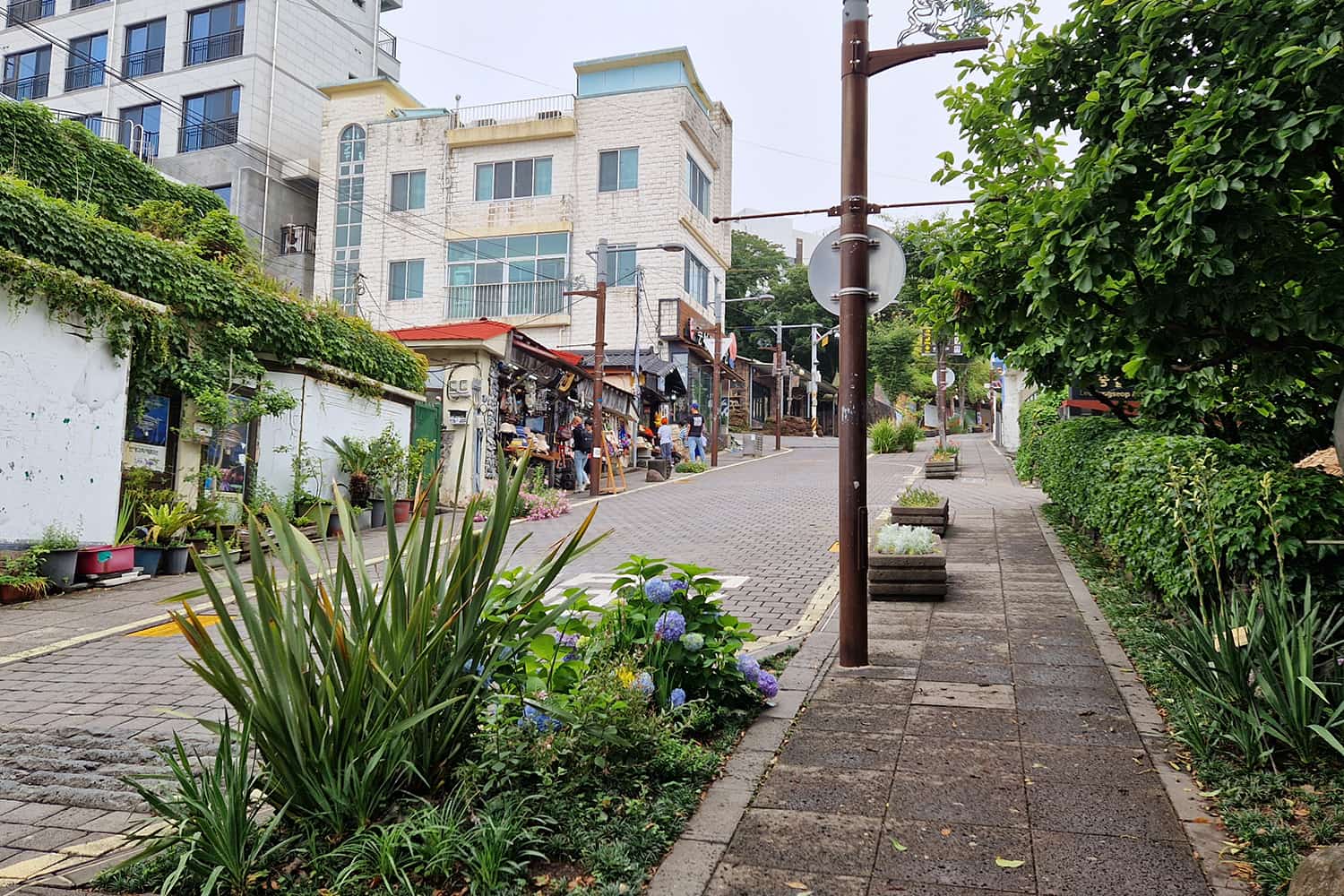 view of a shopping street on a hill.