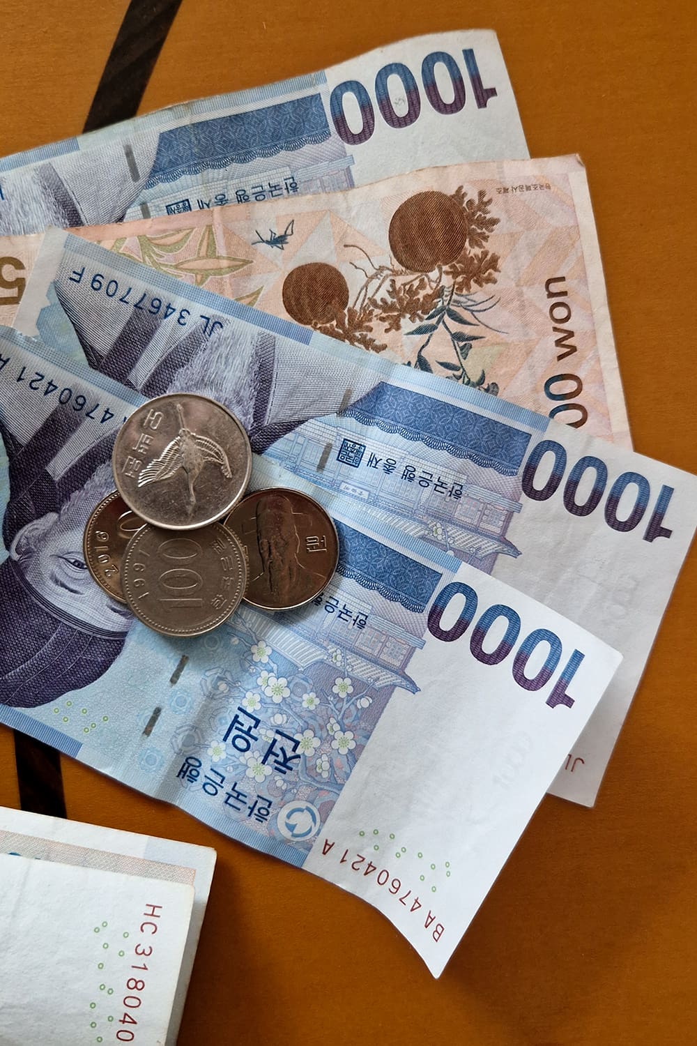 South korean won bills and coins.