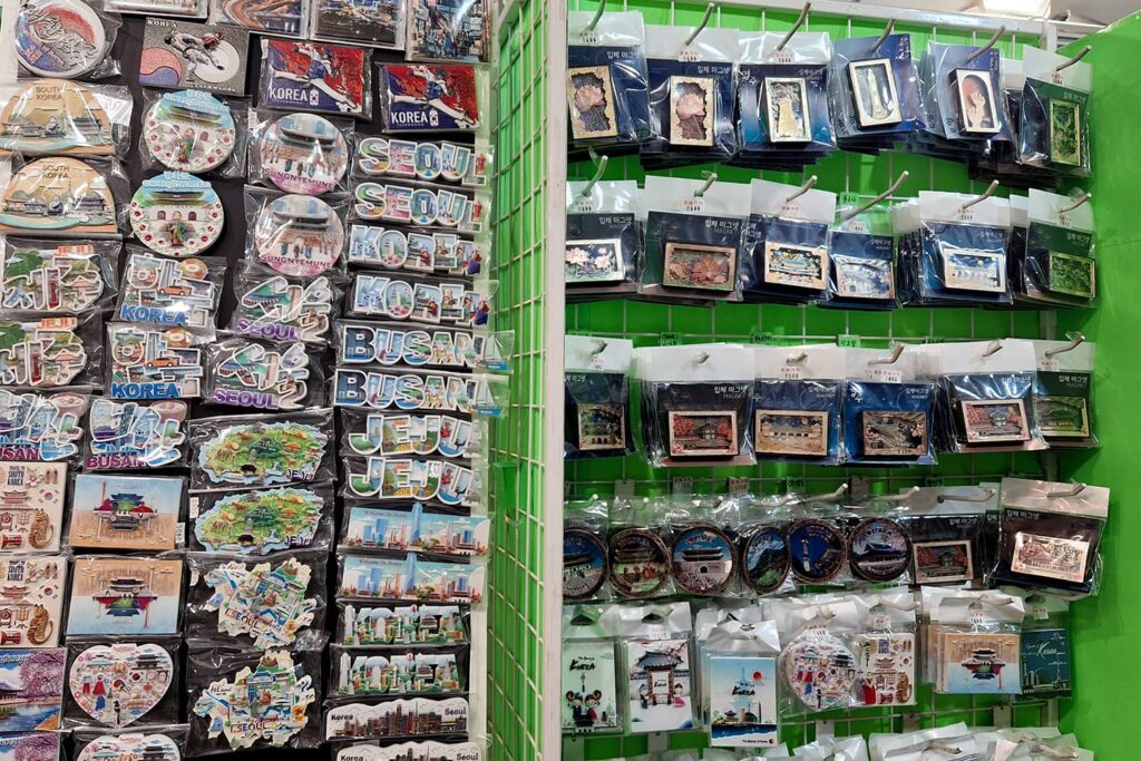 A wall full of magnets to buy and put on your fridge or wall at home.