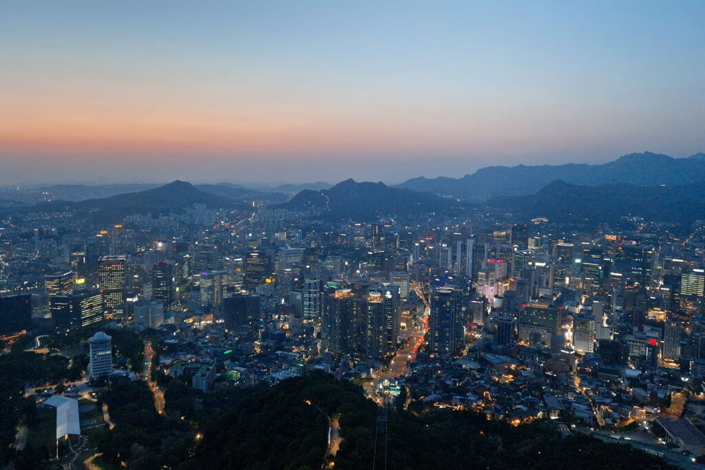 Night view from Seoul Tower in Seoul over the whole city.