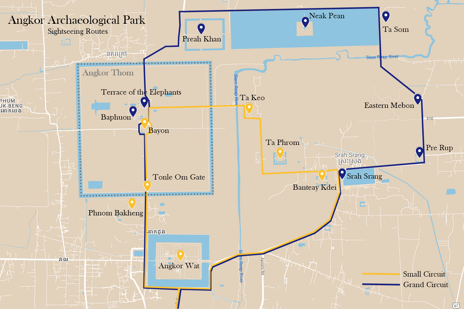 A map showing the small circuit and the large circuit of the Angkor Wat Archeological Park.