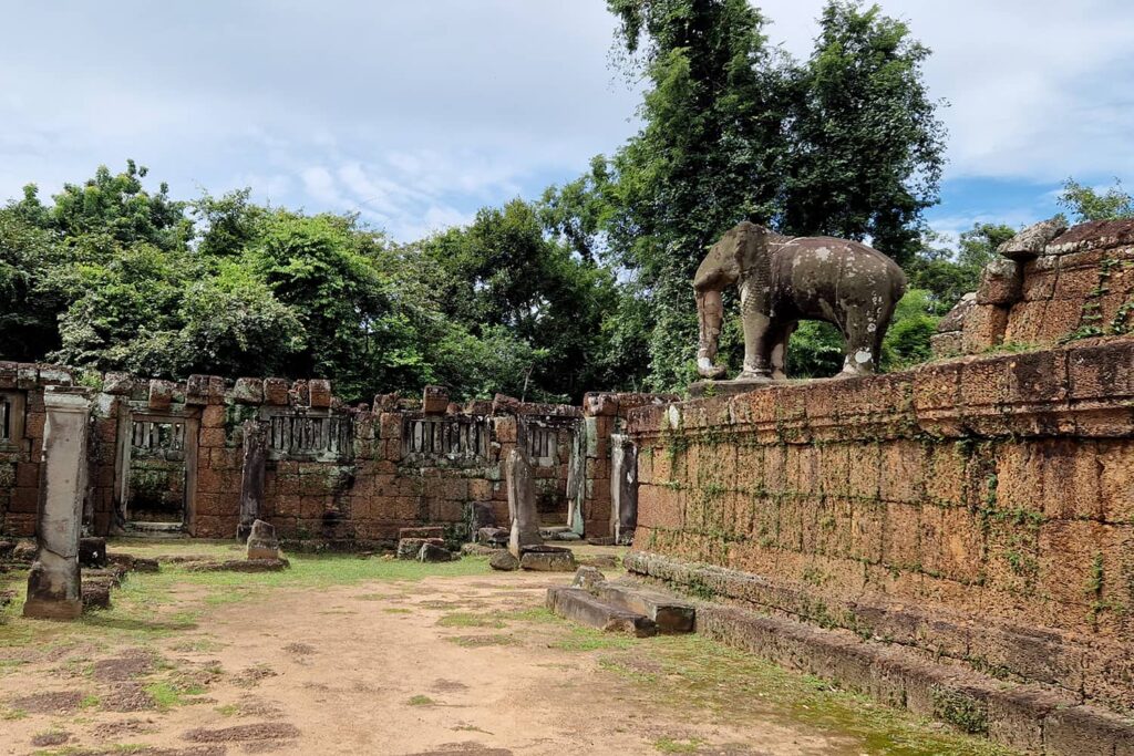 Elephant ornaments and statues guarding the East Mebon Temple in Cambodia.