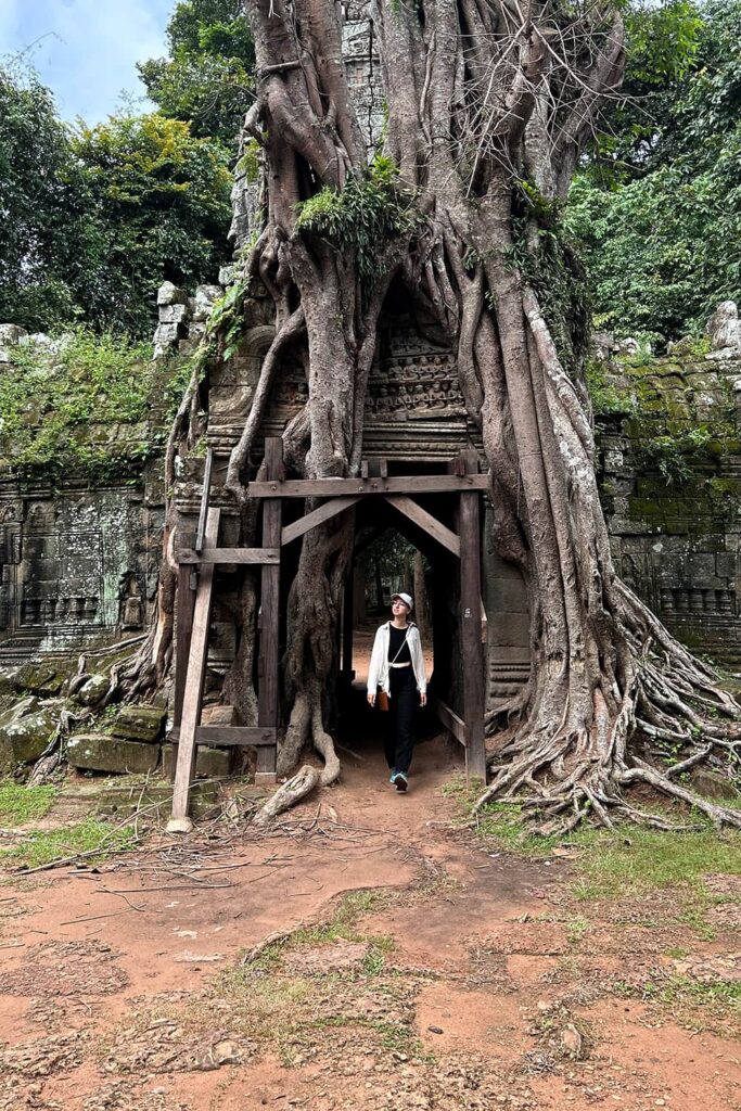 Woman walking under the root tree gate of the Ta Som, which is named like that because giant tree roots have covered it nearly completely except the entrance itself.