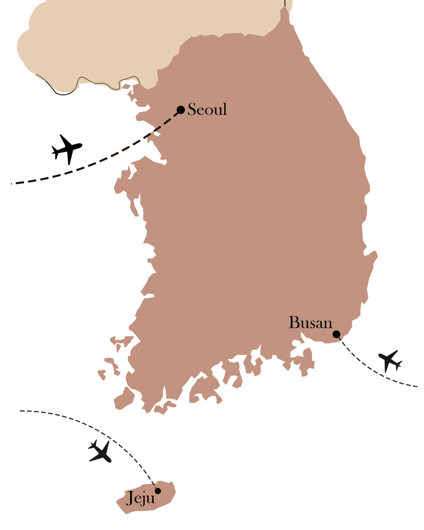 Map showing the most common points of entry for tourists travelling to South Korea