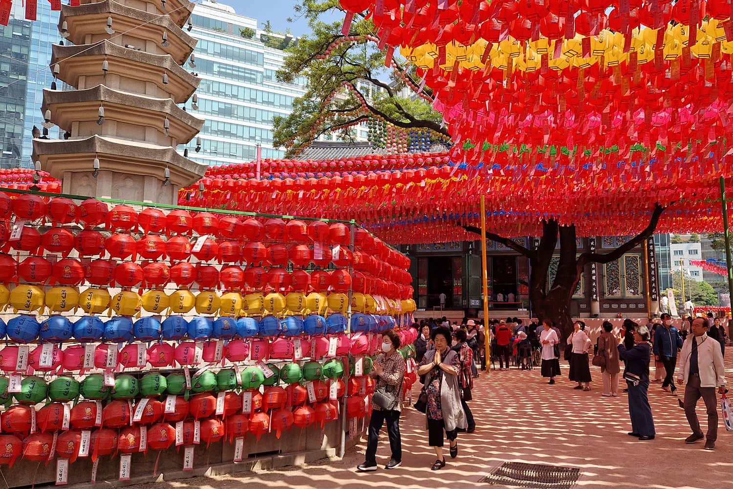 A korean temple during lantern festival filled with red and yellow lanterns 