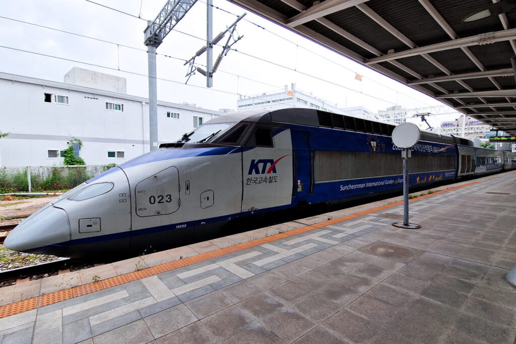 The spiky nose of a south-korean KTX Train.