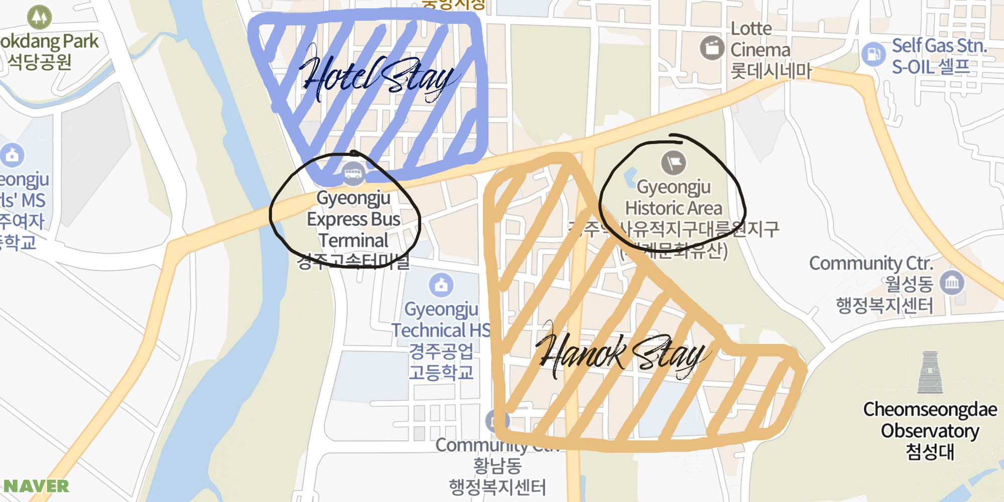 A map showcasing the Hotel area and the Hanok Village area in Gyeongju.