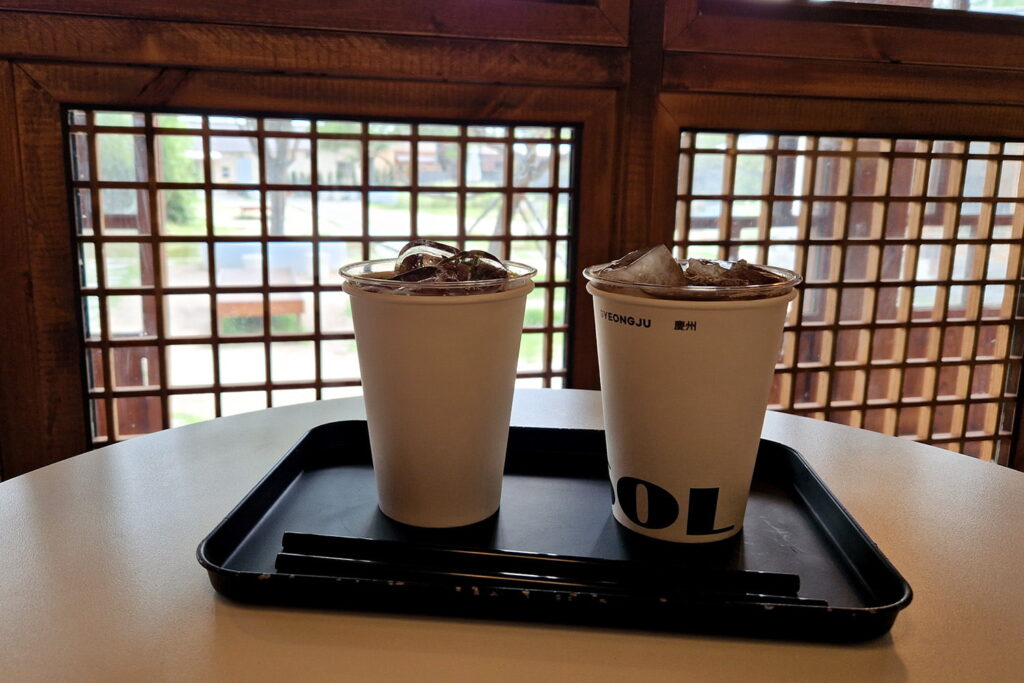 Two iced coffees on a tray.