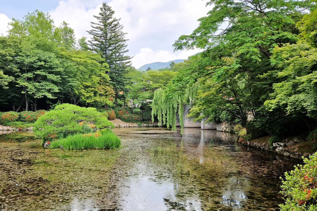 A pond in a park with a stone bridge and some willow trees.