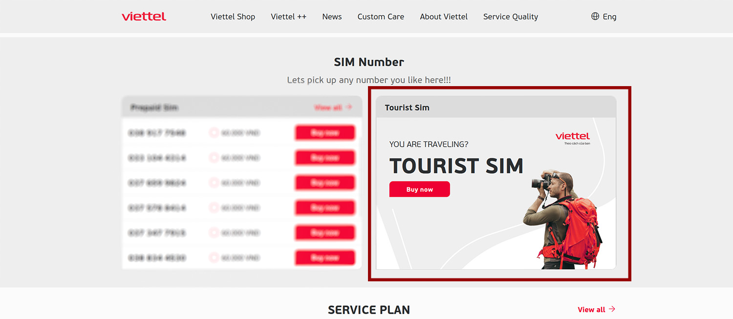 The Viettel Sim Website where you can order your sim card to pick up in one of the official viettel stores.