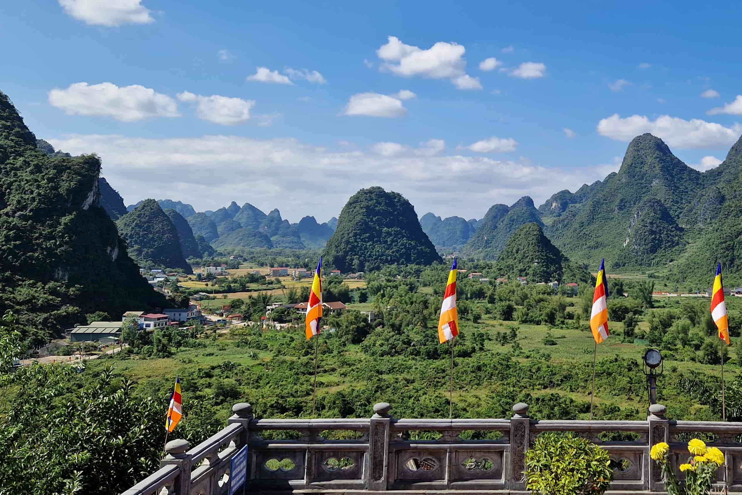 Beautiful mountain range of ban gioc in Vietnam seen from a buddhist temple.