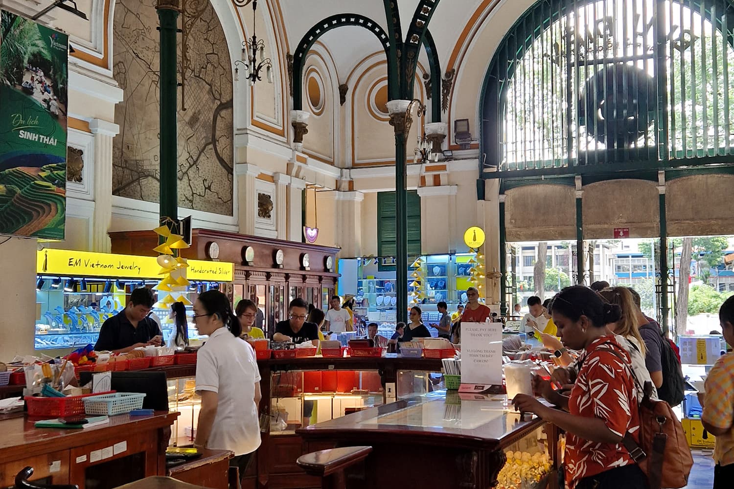 interior of an old post office building still used by tourist for buying and sending postcards.