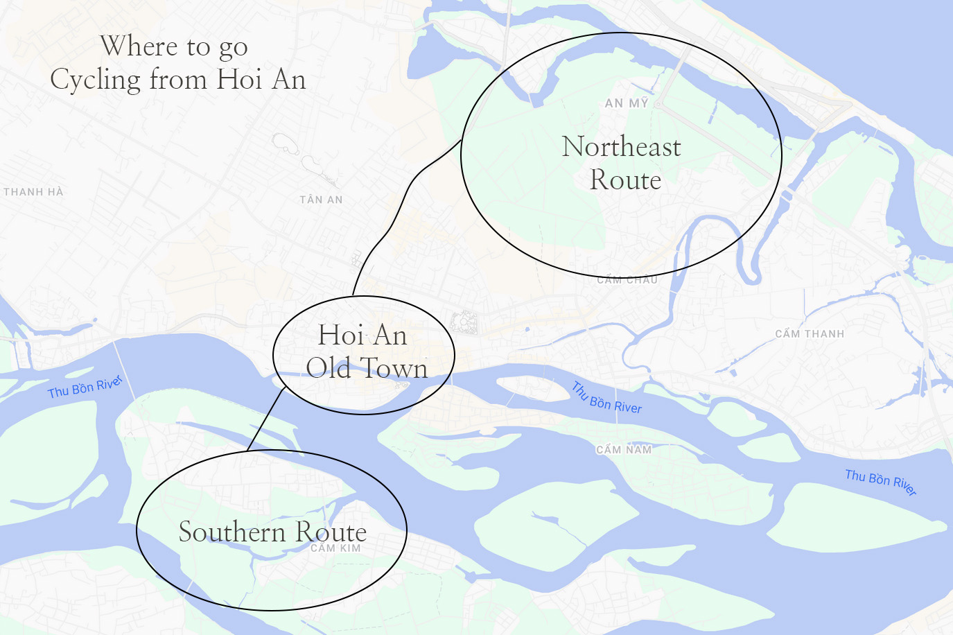 A map showing the two main routes used for cycling around in Hoi An.