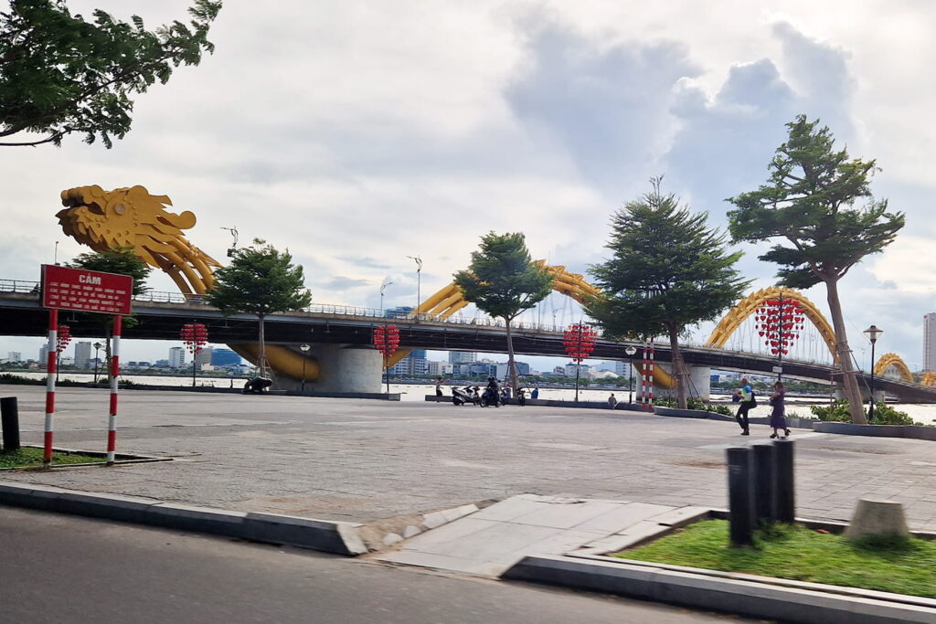 The dragon bridge in Da Nang which is a bridge with a dragon decoration going along the whole side of the bridge.